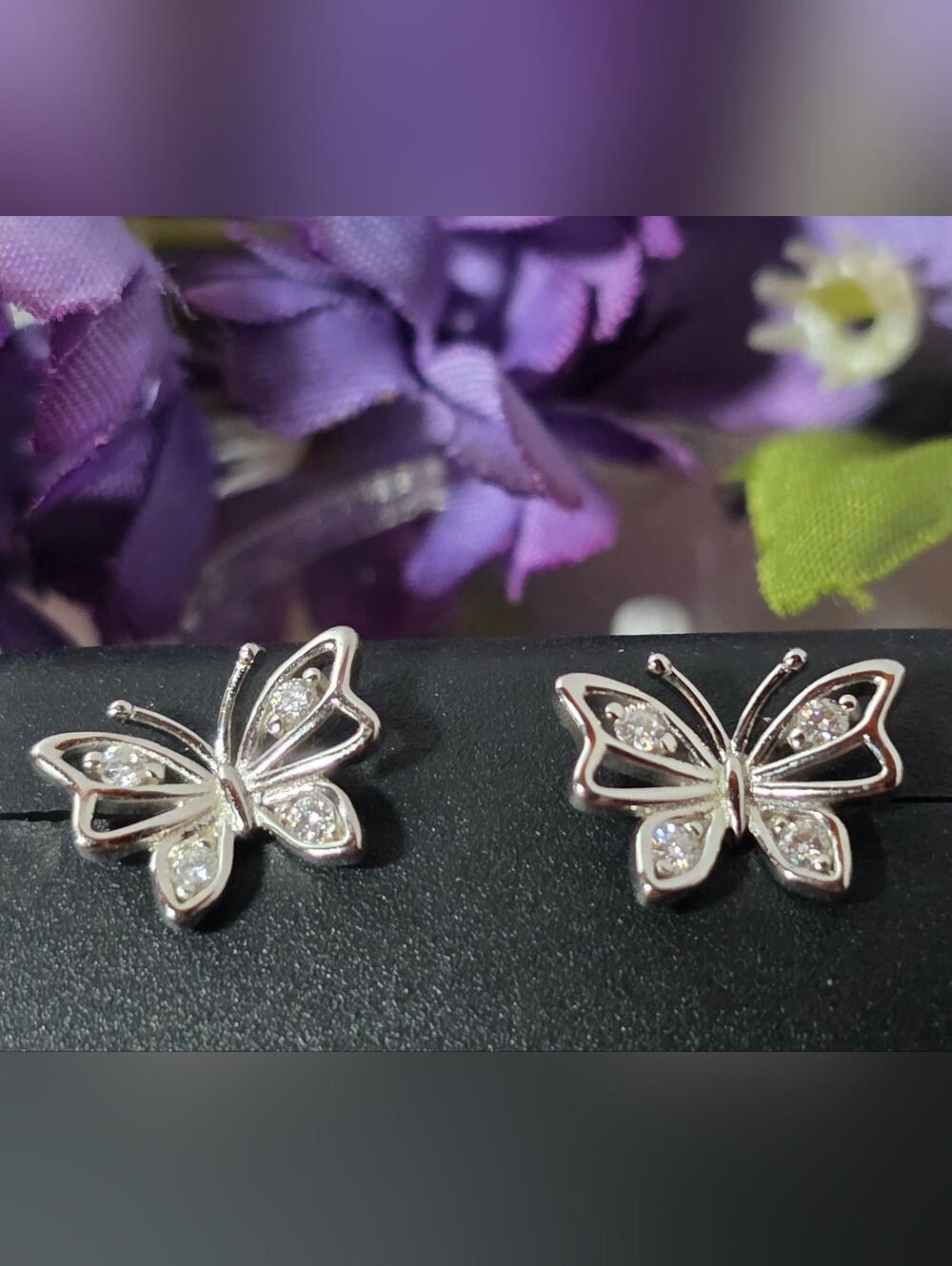 Sterling Silver Butterfly Stud Earrings with Moissanite Accents - Silver